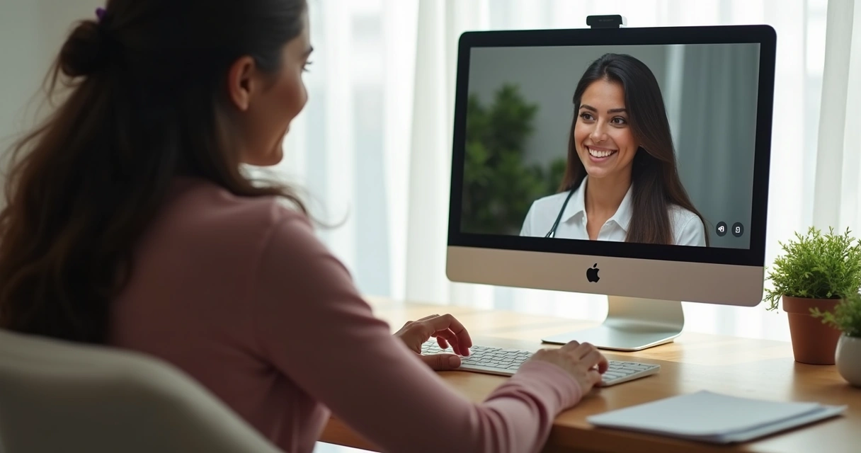 Mulher em videoconferência com psicanalista na tela 