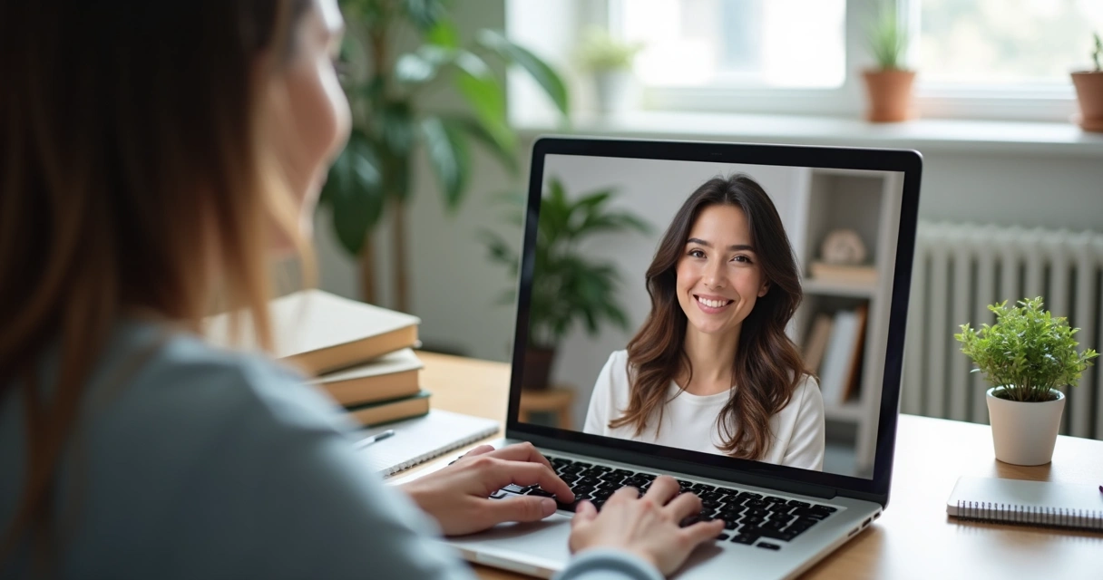 Pessoa sentada, de perfil, conversando de forma reflexiva online com uma terapeuta em ambiente calmo 