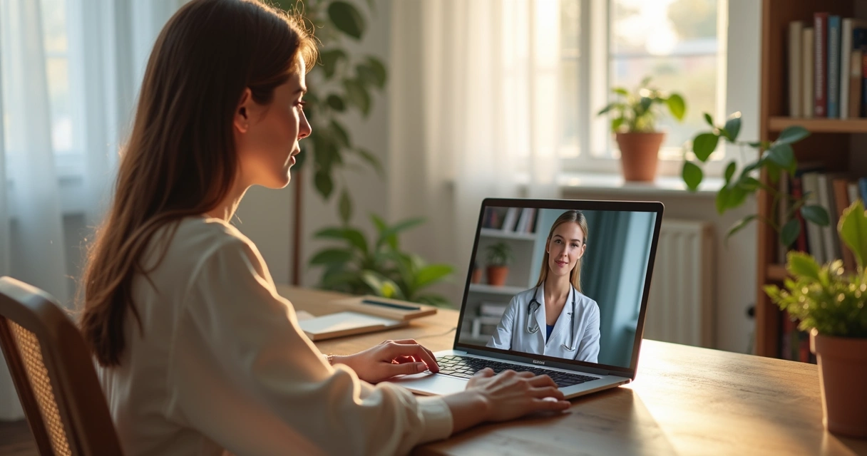 Mulher em sessão de psicanálise online pelo computador em ambiente acolhedor e profissional