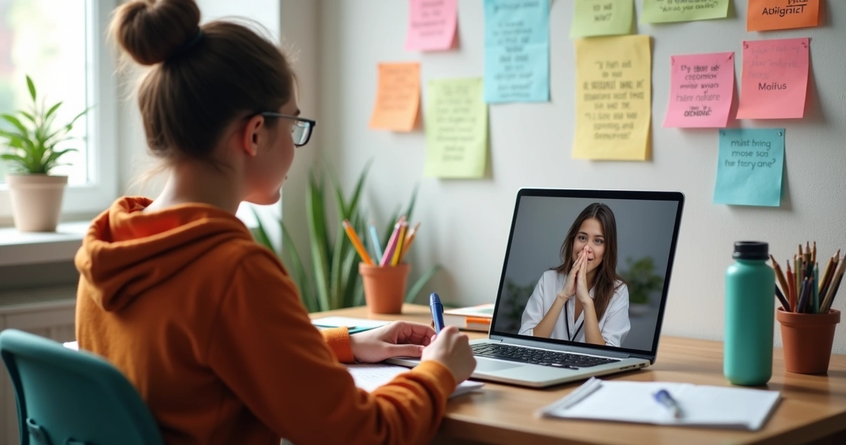Consulta de estudante com psicóloga ao computador
