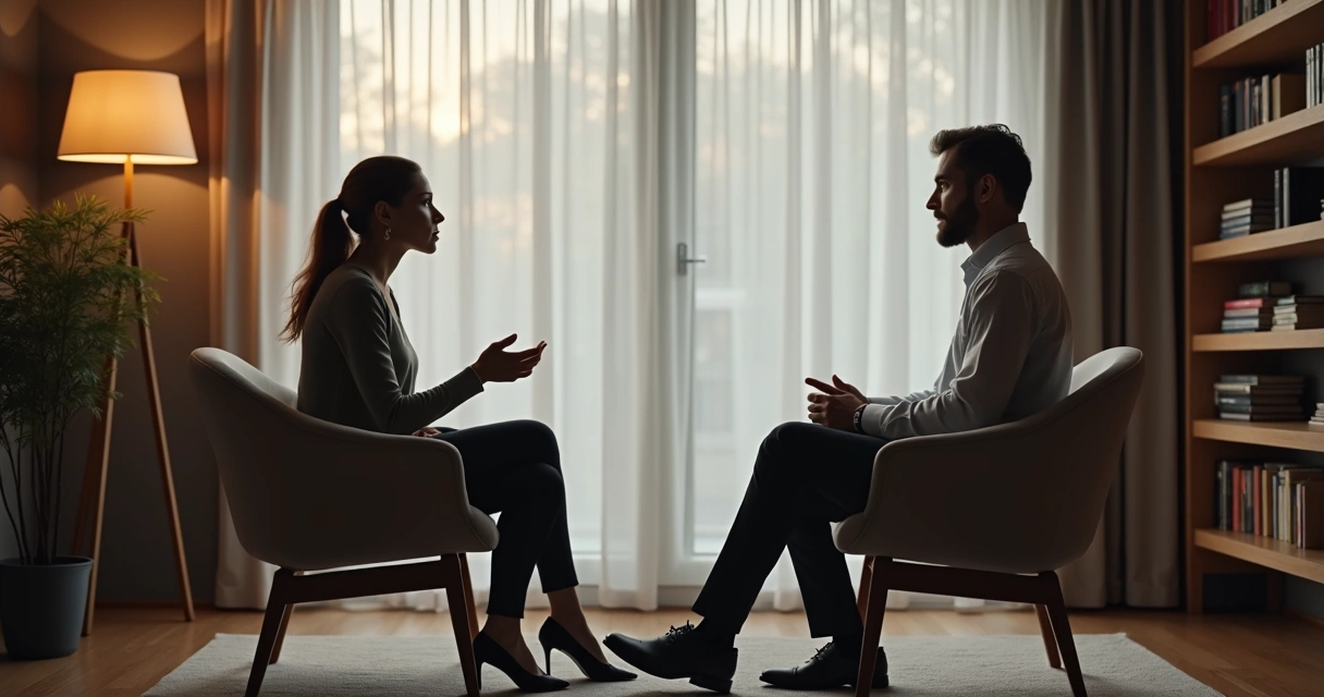 Psicóloga e paciente conversando em consultório moderno 