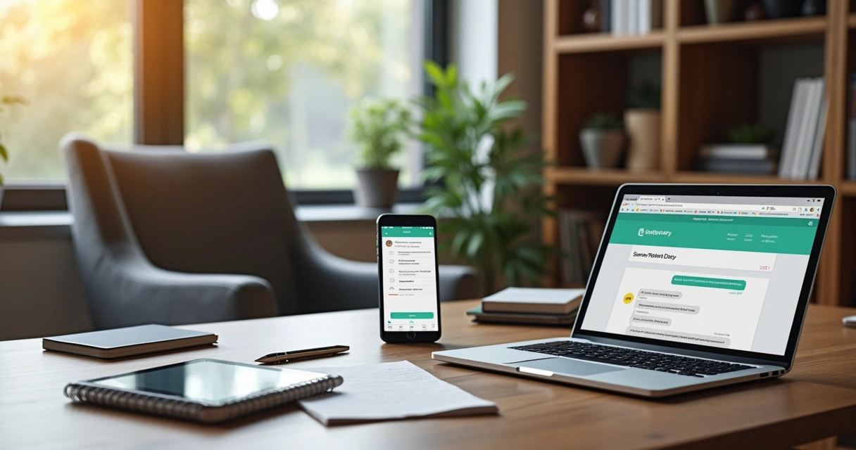 Consultório de psicologia moderno com computador, smartphone e anotações digitais na mesa 