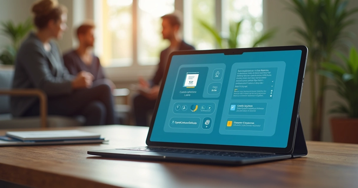 Tablet na mesa exibindo aplicativo de gestão de psicologia com psicólogos em reunião ao fundo 