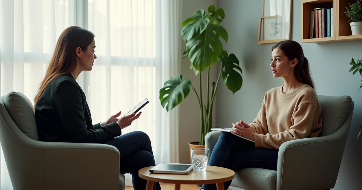 Atendimento em clínica entre psicólogo e paciente em sala reservada