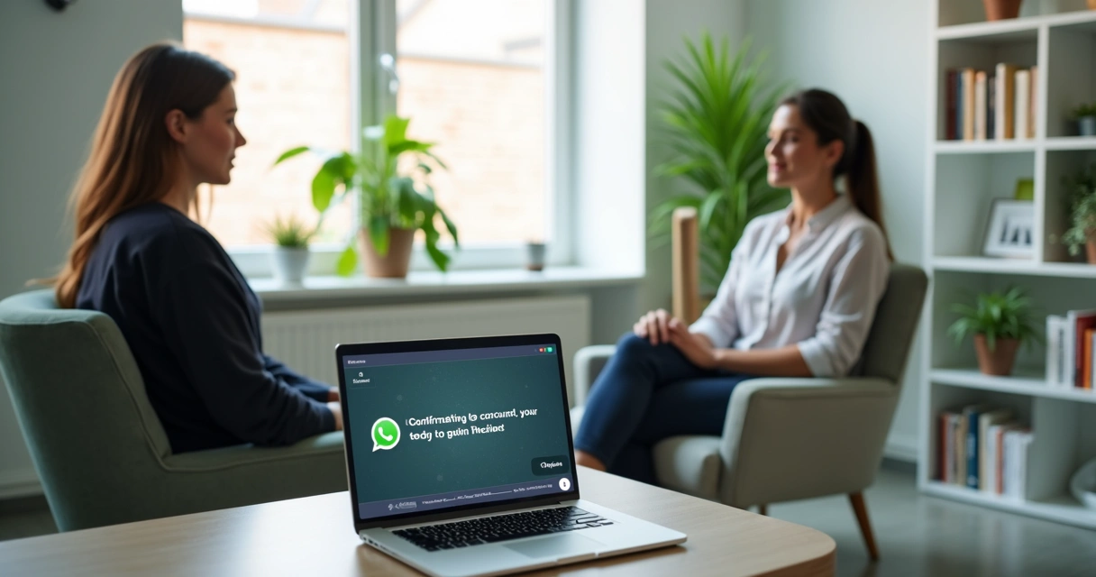 Psicólogo atendendo paciente em clínica com tela de confirmação de consulta via WhatsApp ao fundo 