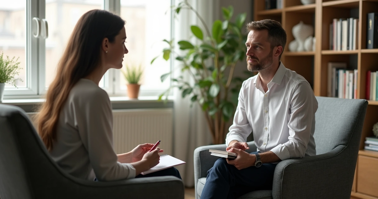 Psicólogo e paciente conversando em consultório moderno 
