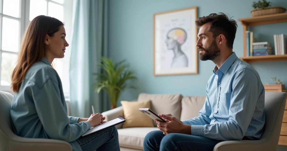 Sesión de psicólogo integrativo con paciente en consulta moderna 