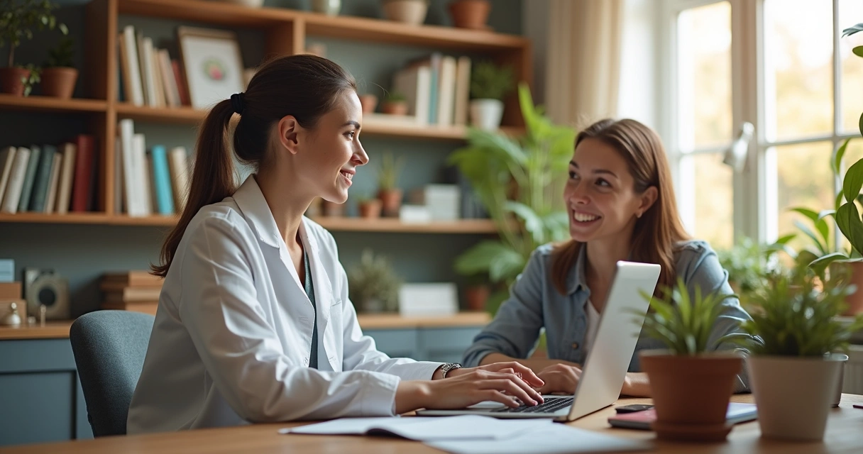 Psicóloga atendendo paciente online em consultório iluminado 