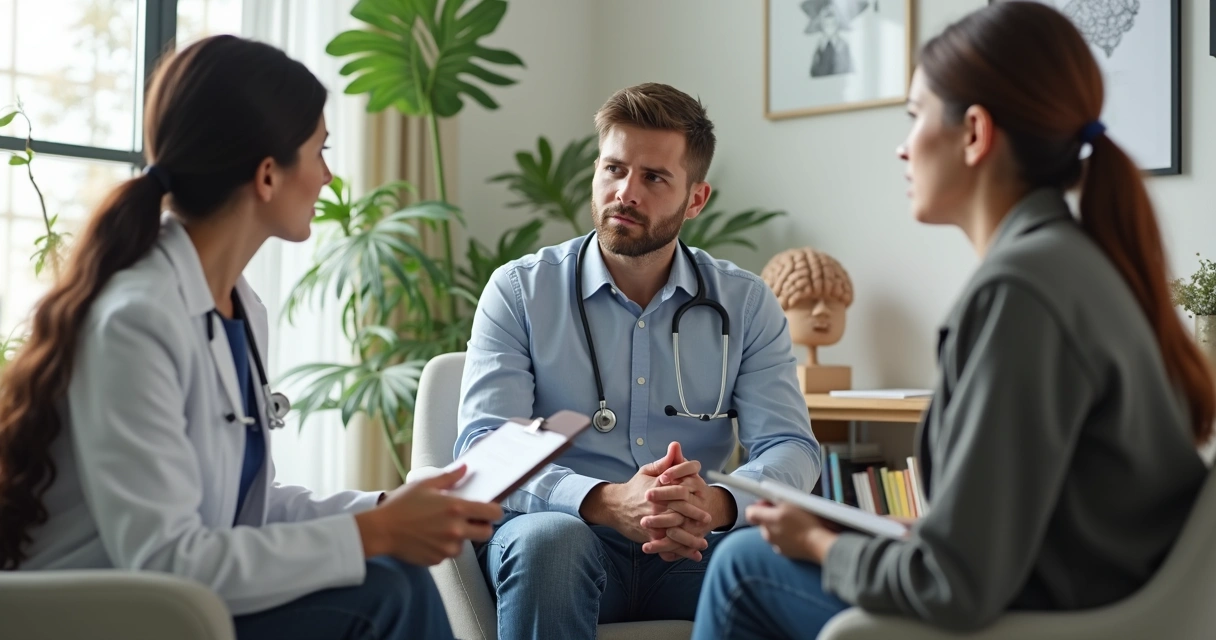 Pessoa sentada em consultório conversando com médico e psicólogo