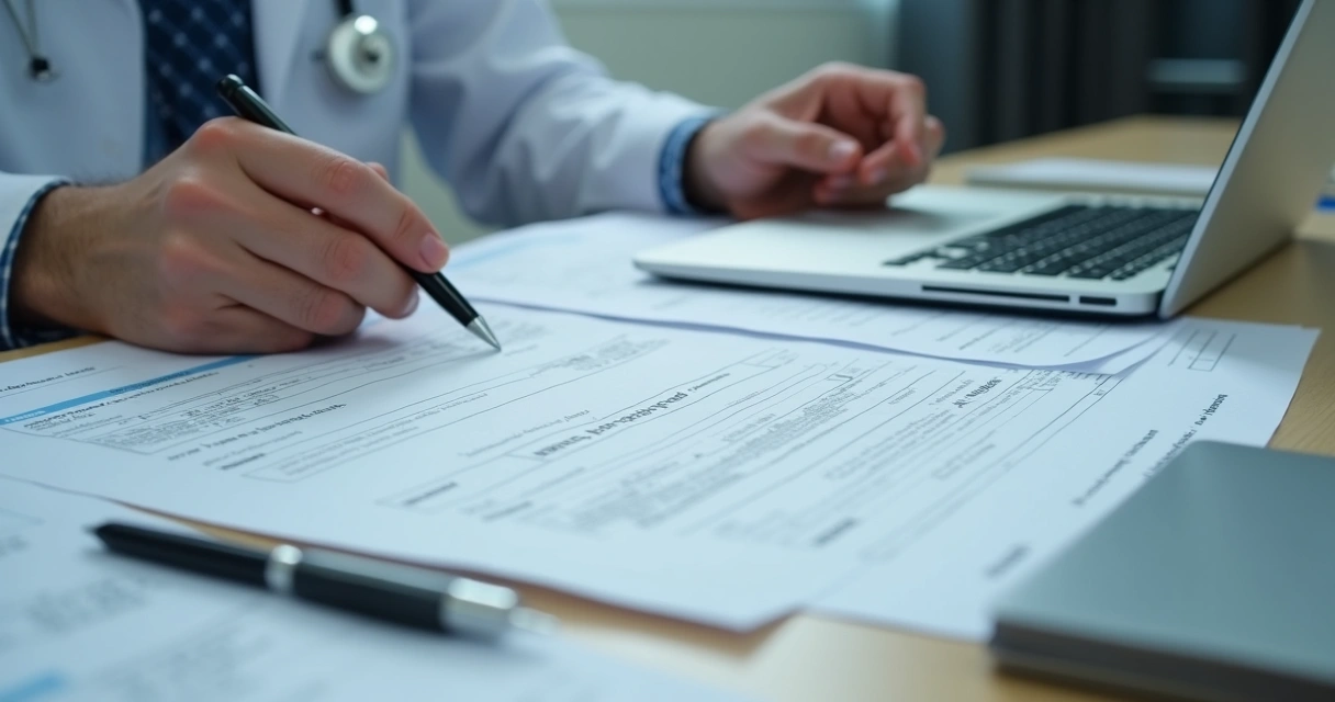 Consulta psiquiátrica com médico analisando documentos de paciente