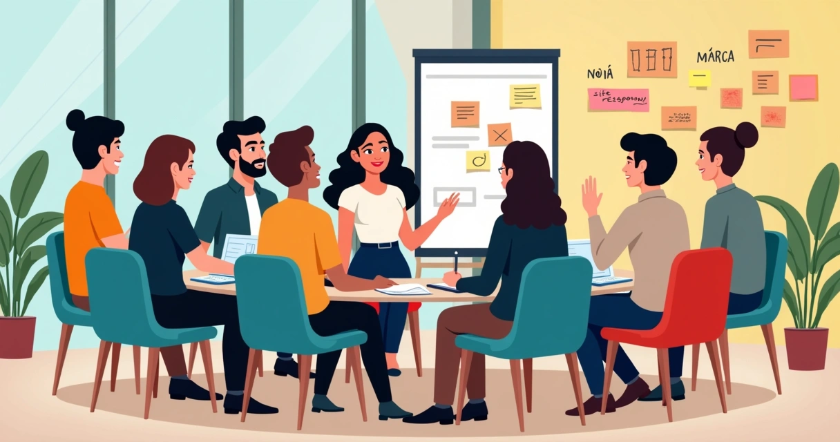 Equipe discutindo ideias em consulta de renovação institucional