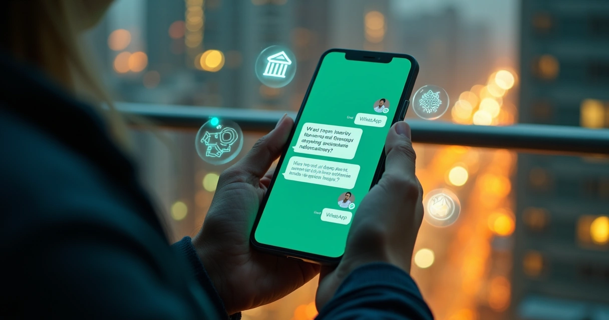 Pessoa usando WhatsApp em celular com ícones de inteligência artificial e governo ao redor 