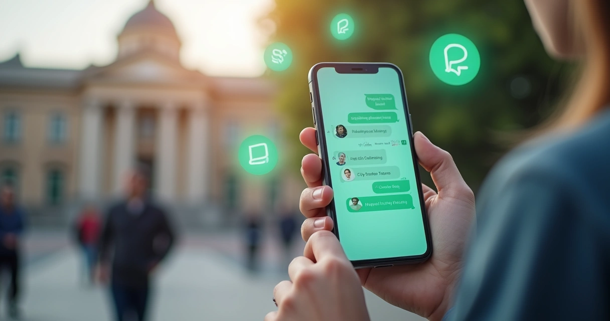 Tela de smartphone exibindo conversa de consulta pública via WhatsApp com ícones de IA ao fundo. 
