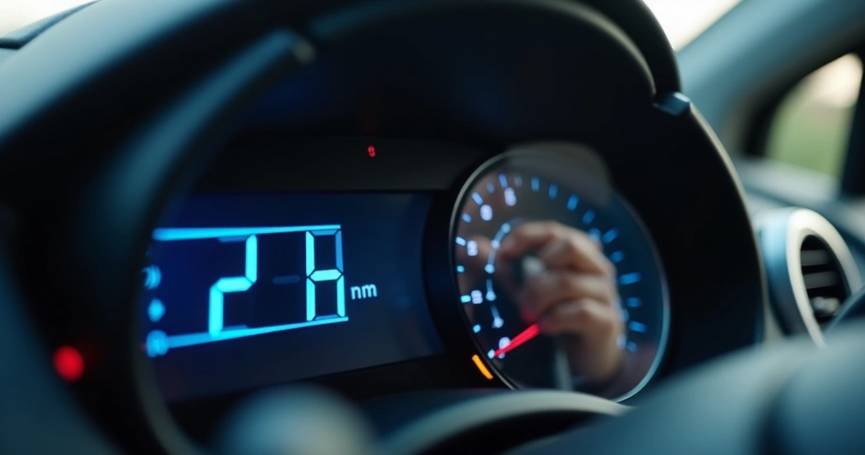 Painel de carro mostrando odômetro digital em destaque 