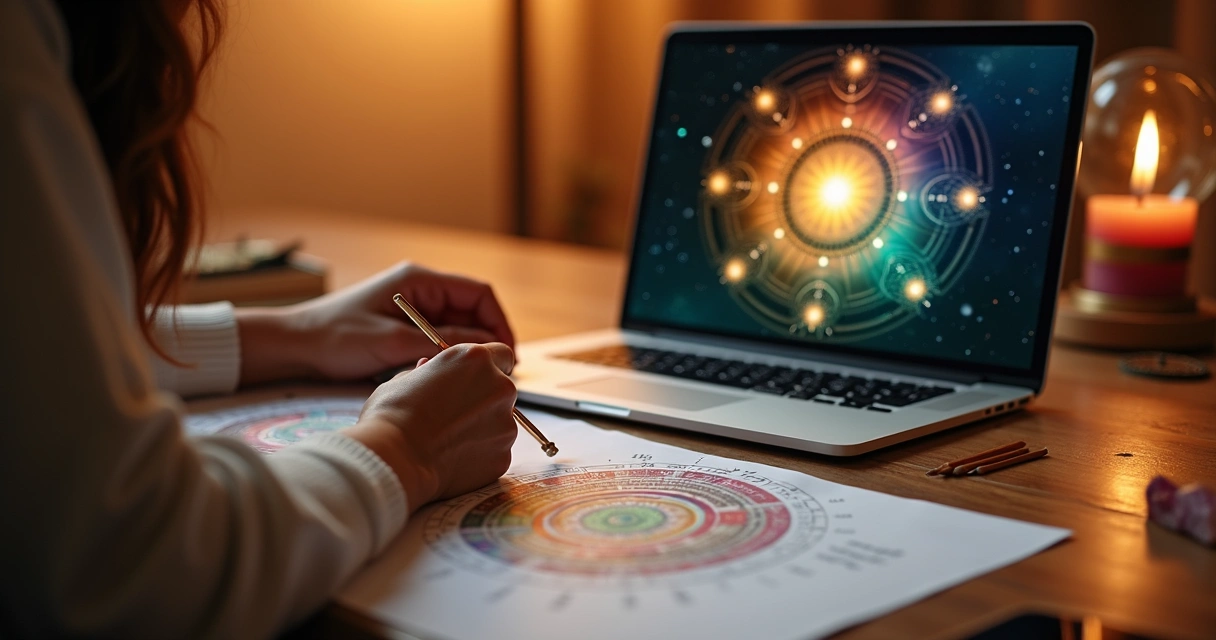 Terapeuta realizando consulta energética à distância no computador. 