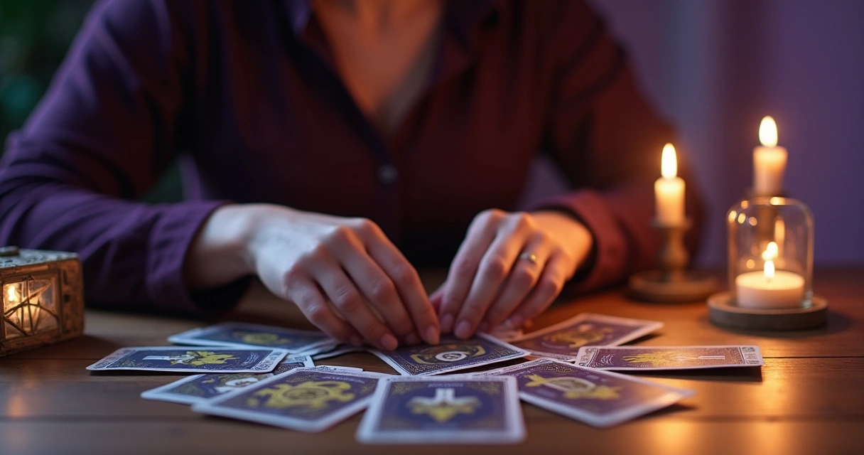 Pessoa de mãos dadas com cartas de tarot sobre mesa iluminada em ambiente místico