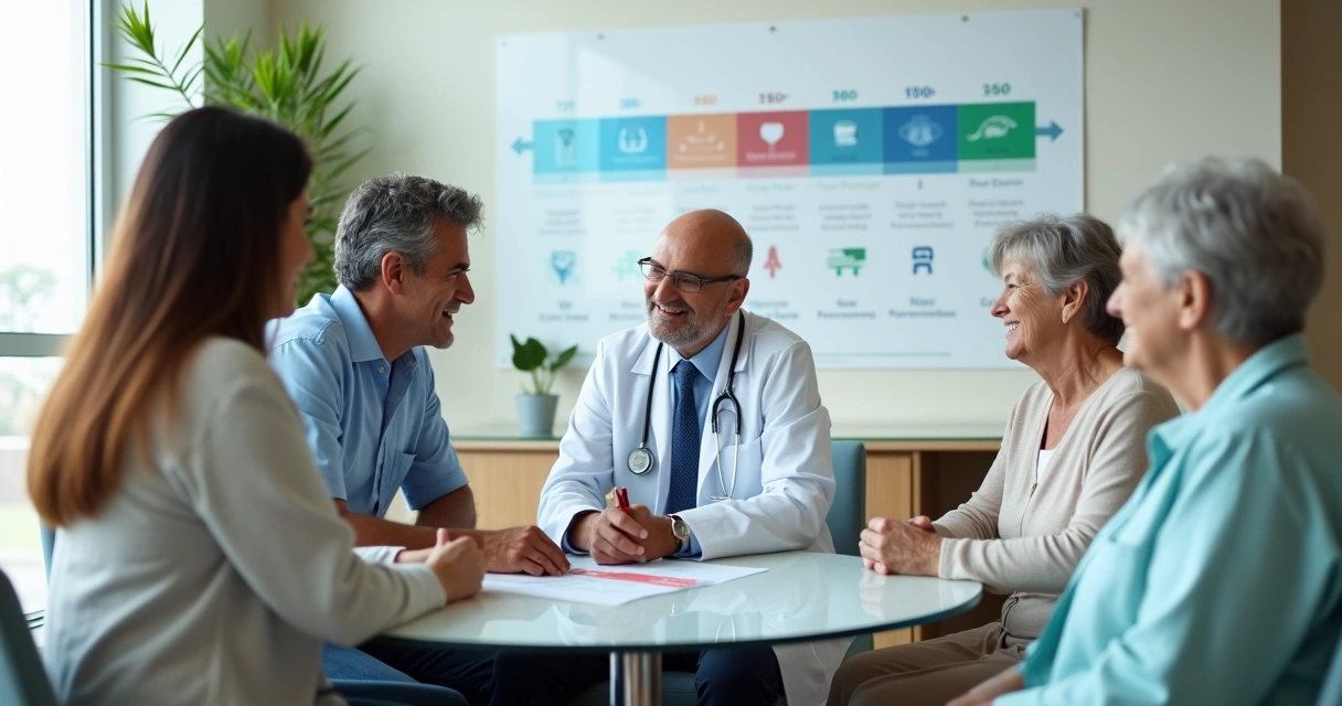 Oncologista orientando três pacientes de idades diferentes sobre exames preventivos 