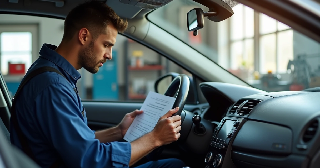 Mecânico revisando parte interna do carro com manual em mãos 