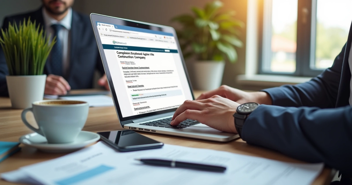 Pessoa consultando reclamações online contra empresa de construção em computador com gráficos e documentos ao lado 