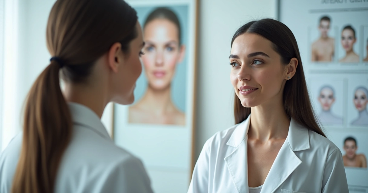 Dermatologista avaliando rosto de paciente para rejuvenescimento facial, consultório moderno. 