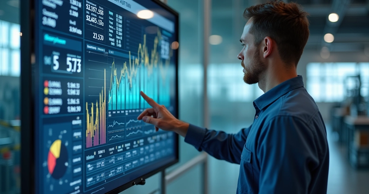 Gestor consulta relatórios financeiros digitais em escritório industrial