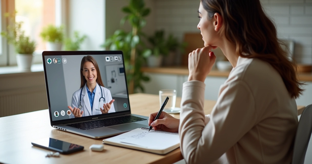 Paciente anota orientações de teleconsulta enquanto fala com médica pelo notebook 