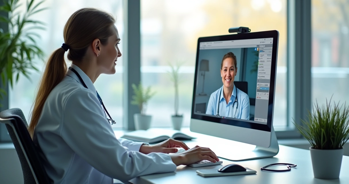 Consulta médica remota sendo realizada em computador