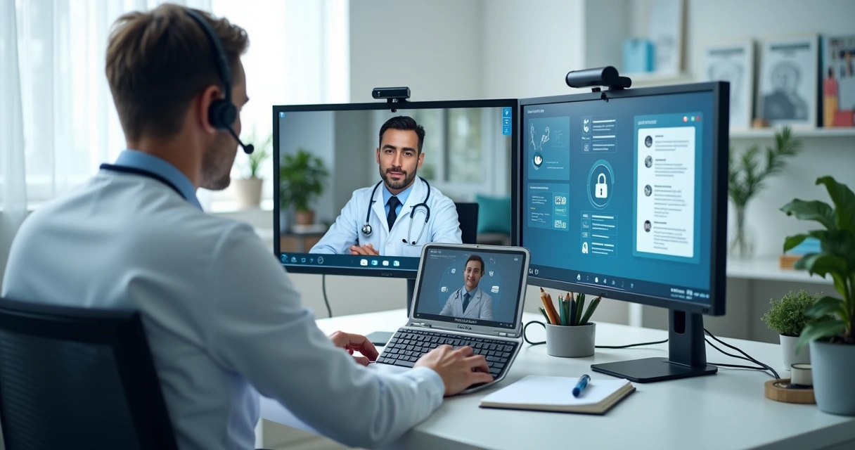 Médico em consulta por vídeo com prontuário digital seguro 