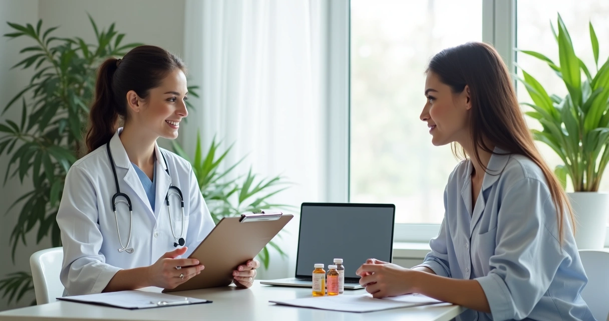 Médica conversando com paciente em consultório durante avaliação hormonal 
