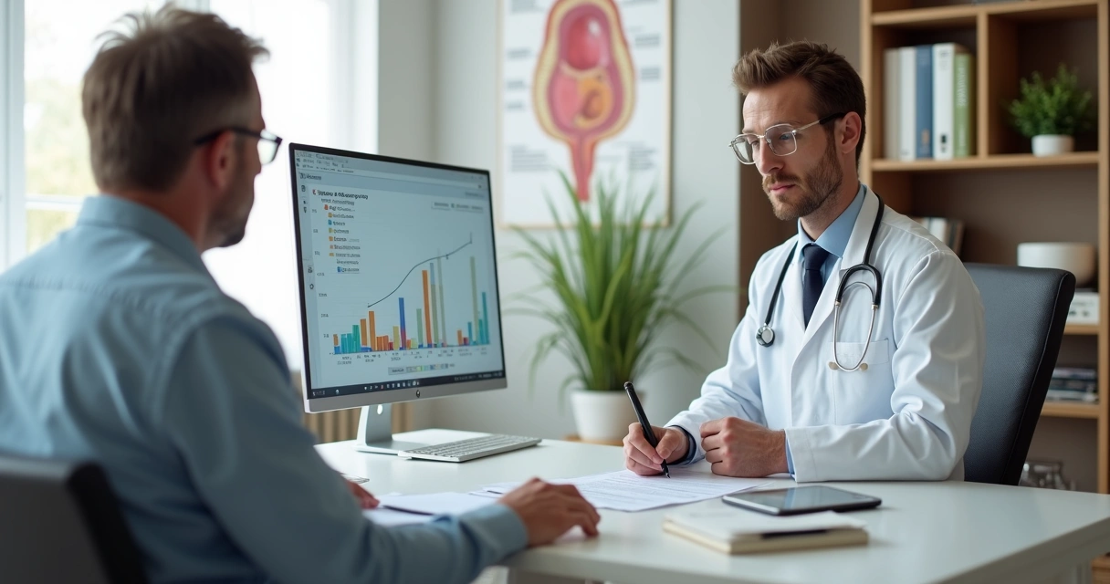 Médico analisa exames de resistência à insulina com paciente em consultório moderno 