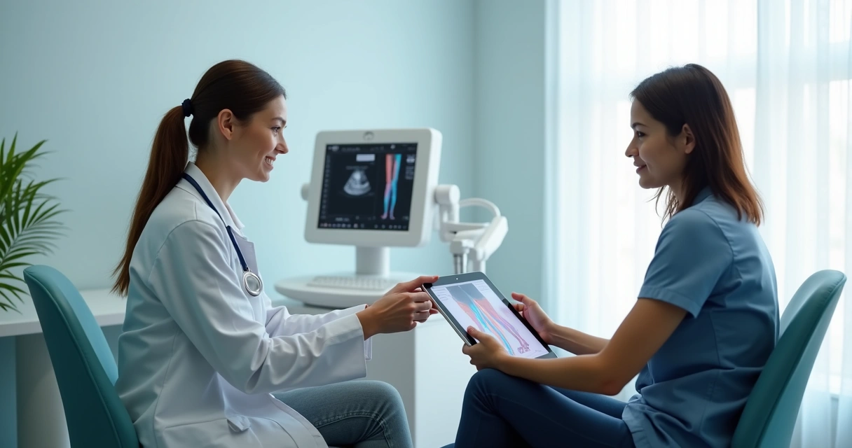 Médico vascular orientando paciente em consulta de retorno 