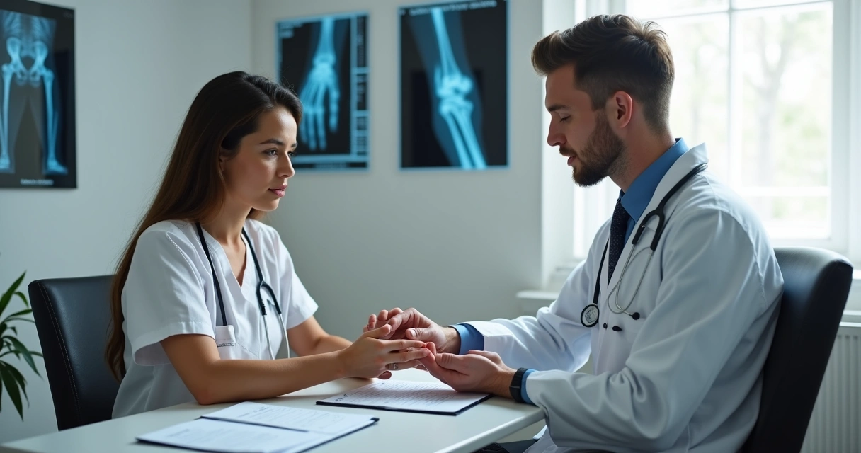 Médico examinando mão de paciente com artrite reumatoide 