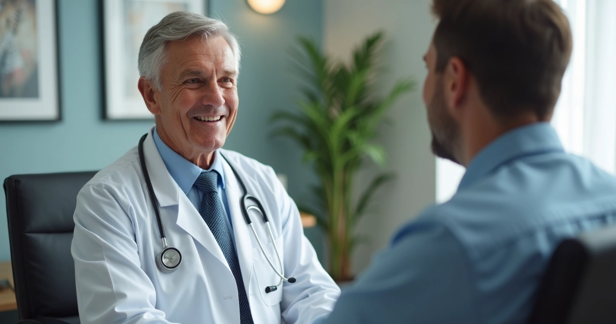 Médica reumatologista conversa sorrindo com paciente em consultório. 