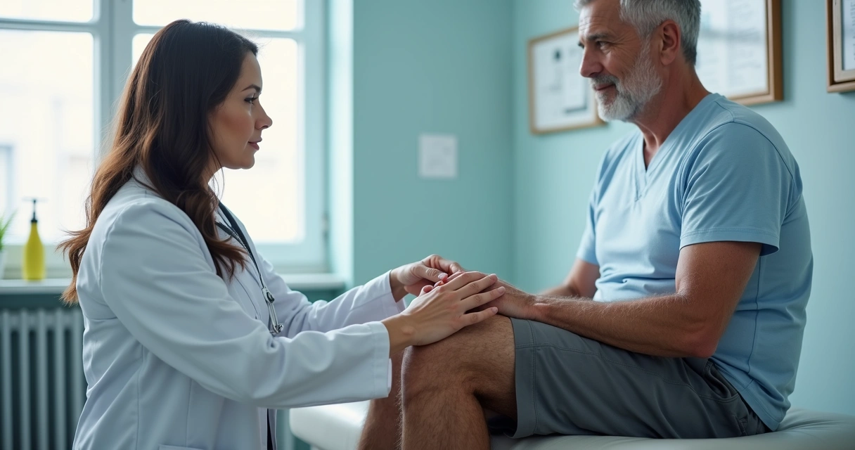 Médica avalia paciente de meia-idade sentado examinando joelho em consultório moderno 