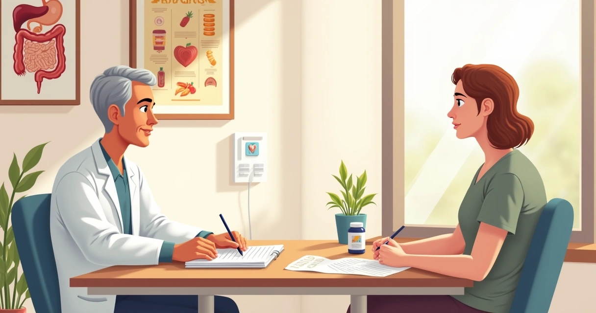 Consultation room showing a healthcare professional advising a concerned patient about supplement risks.