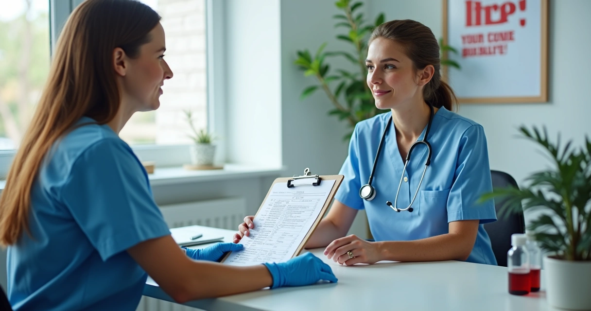 Enfermeira orientando paciente sobre exames de rotina da PrEP