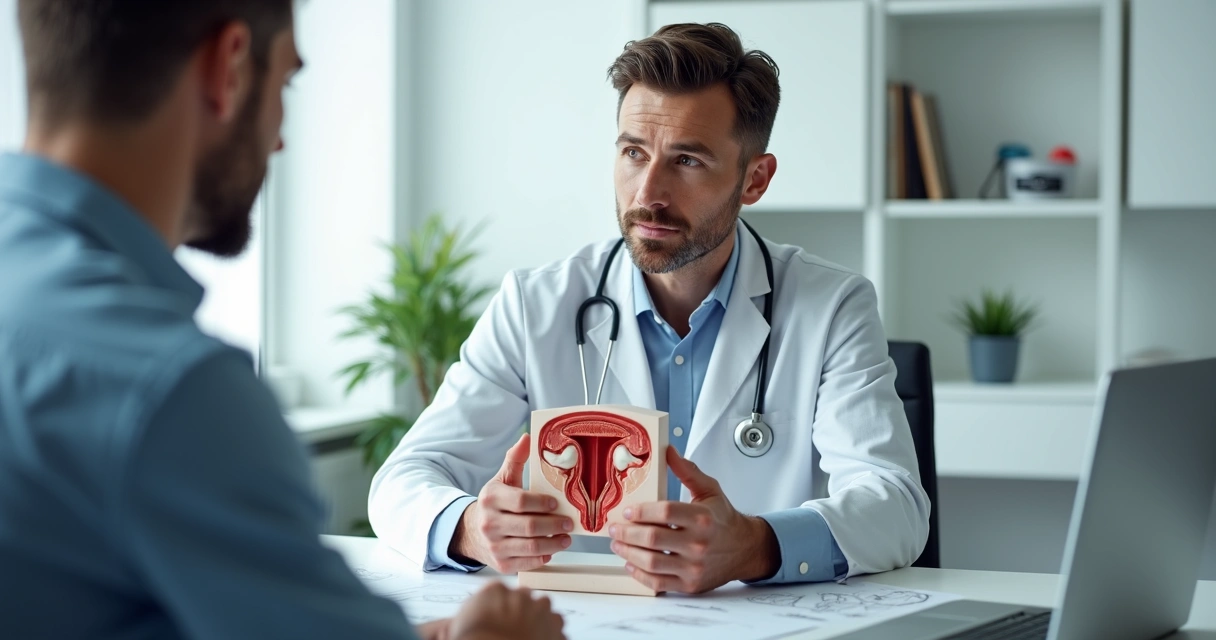 Médico urologista mostrando modelo de prótese peniana a paciente na consulta 