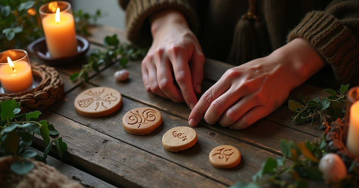 Pessoa segurando três runas gravadas em pedra, com altar e velas acesas ao fundo