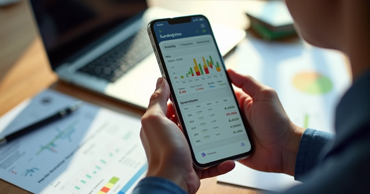 Pessoa consultando saldo do FGTS em smartphone com gráficos financeiros na tela 