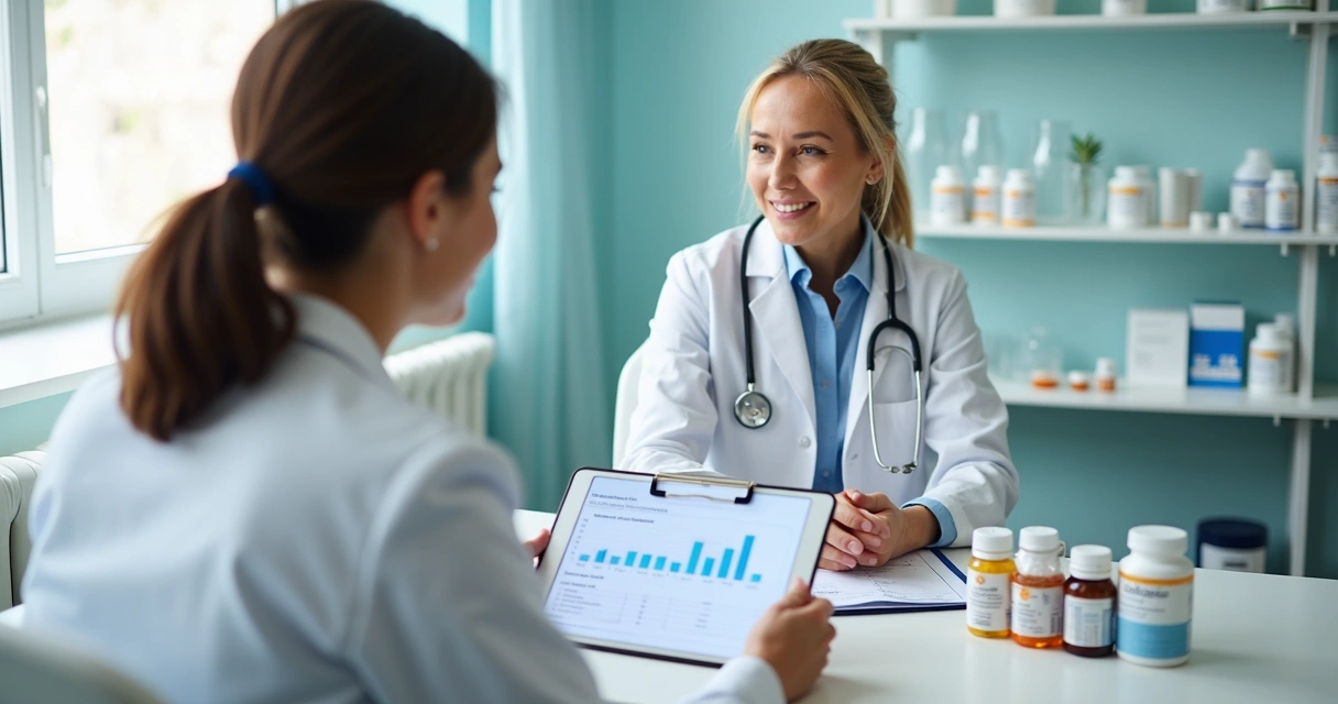 Profissional de saúde orientando paciente sobre suplementos
