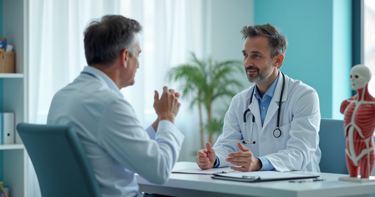 Médico conversando com paciente em consultório de urologia 