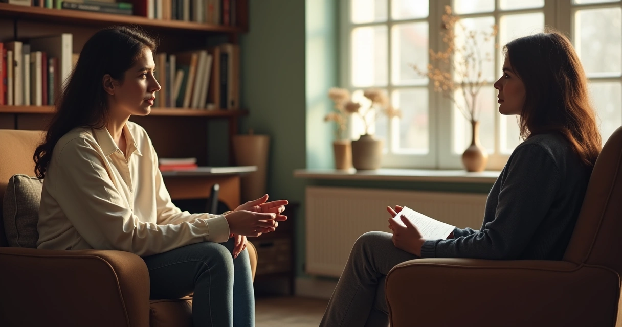 Pessoa conversando com psicóloga em consultório, ambiente acolhedor 