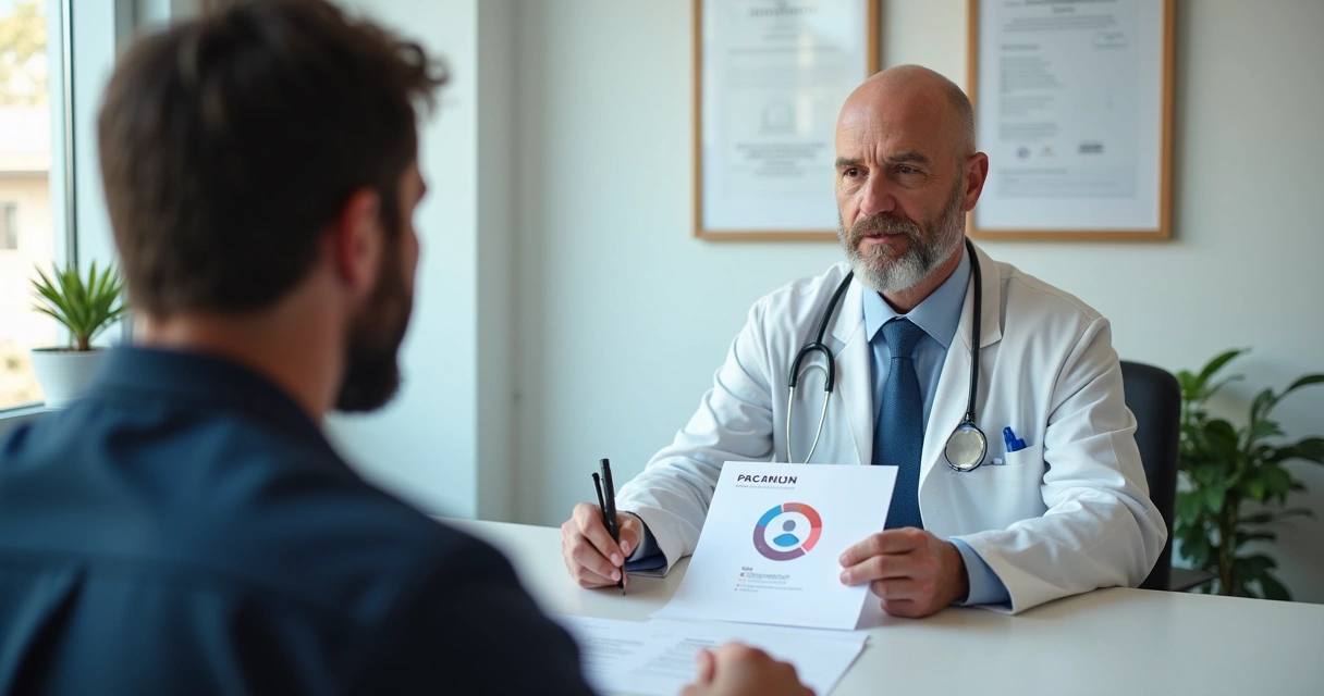 Profissional de saúde conversa com paciente sobre PrEP em consultório moderno