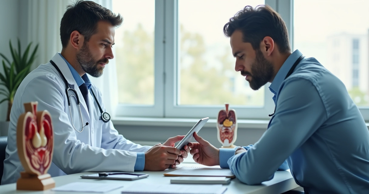 Médico mostrando exame para paciente em consultório 