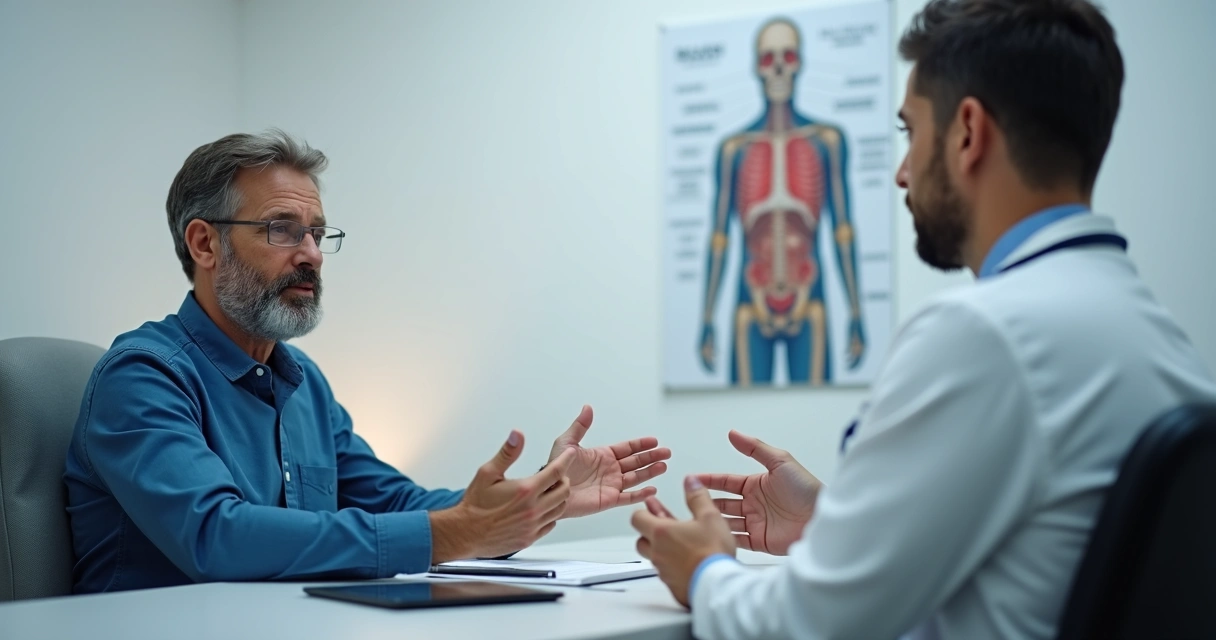 Paciente conversando com urologista em clínica moderna 