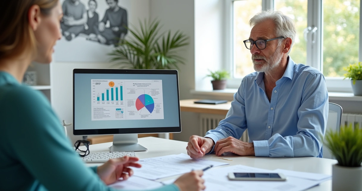 Pessoa com 50 anos conversando com consultor de saúde e analisando contratos