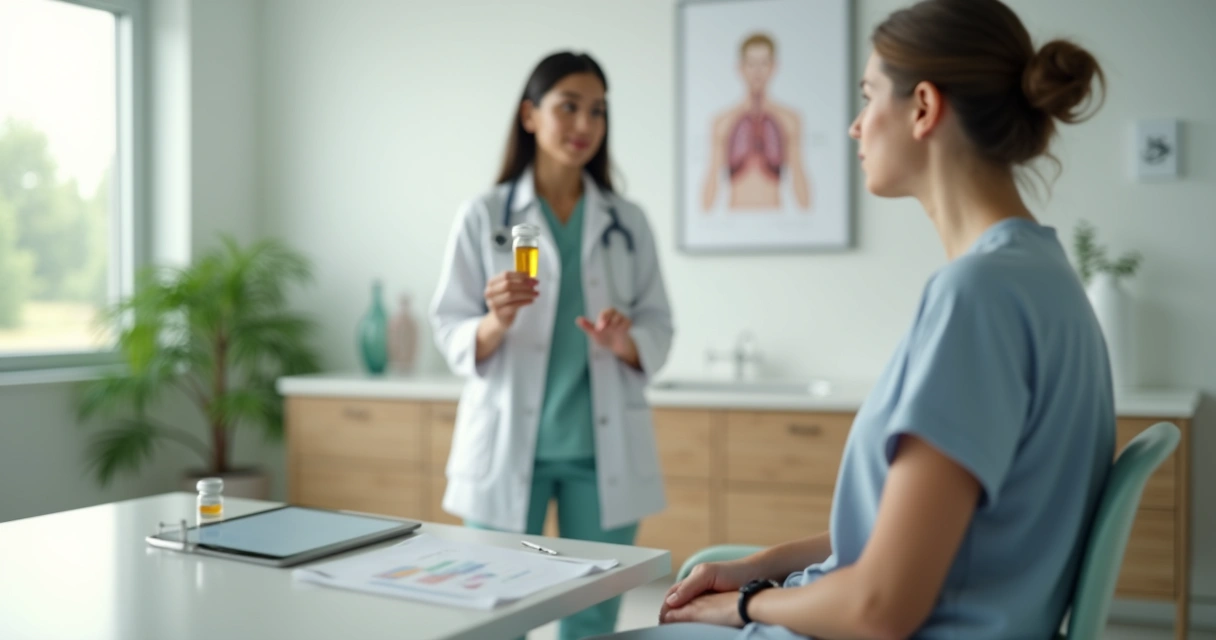 Profissional de saúde mostra seringa de shot do pólen a paciente em consultório moderno 