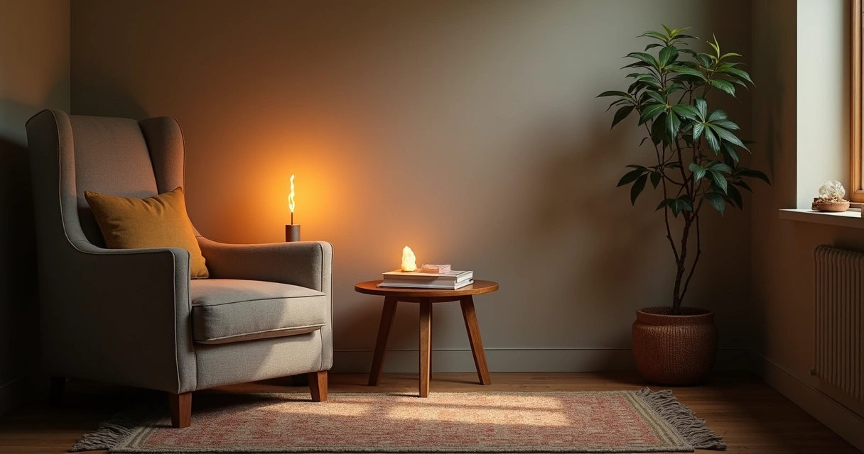 Ambiente calmo com cadeira, incenso aceso e luz suave simulando consulta espiritual sigilosa