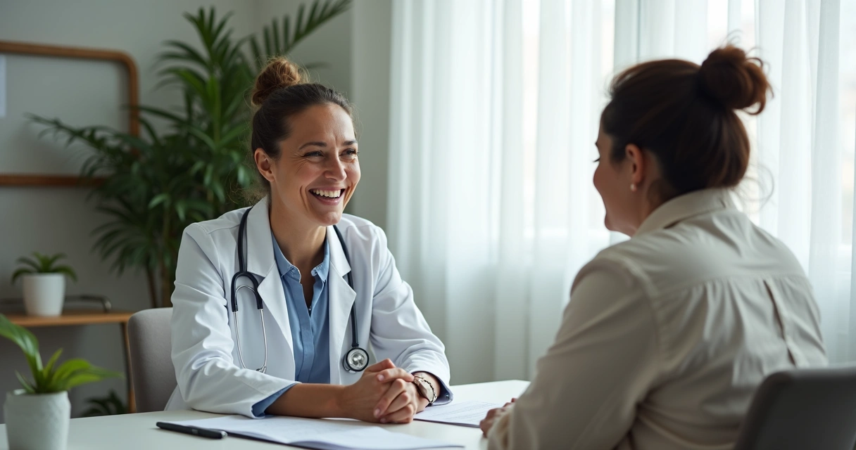Paciente e médica conversando de forma descontraída 