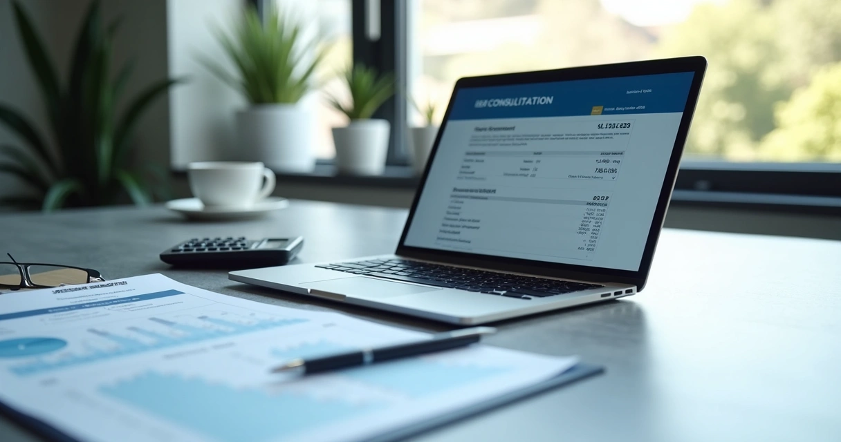 Tela de consulta fiscal em notebook com documentos e calculadora na mesa 